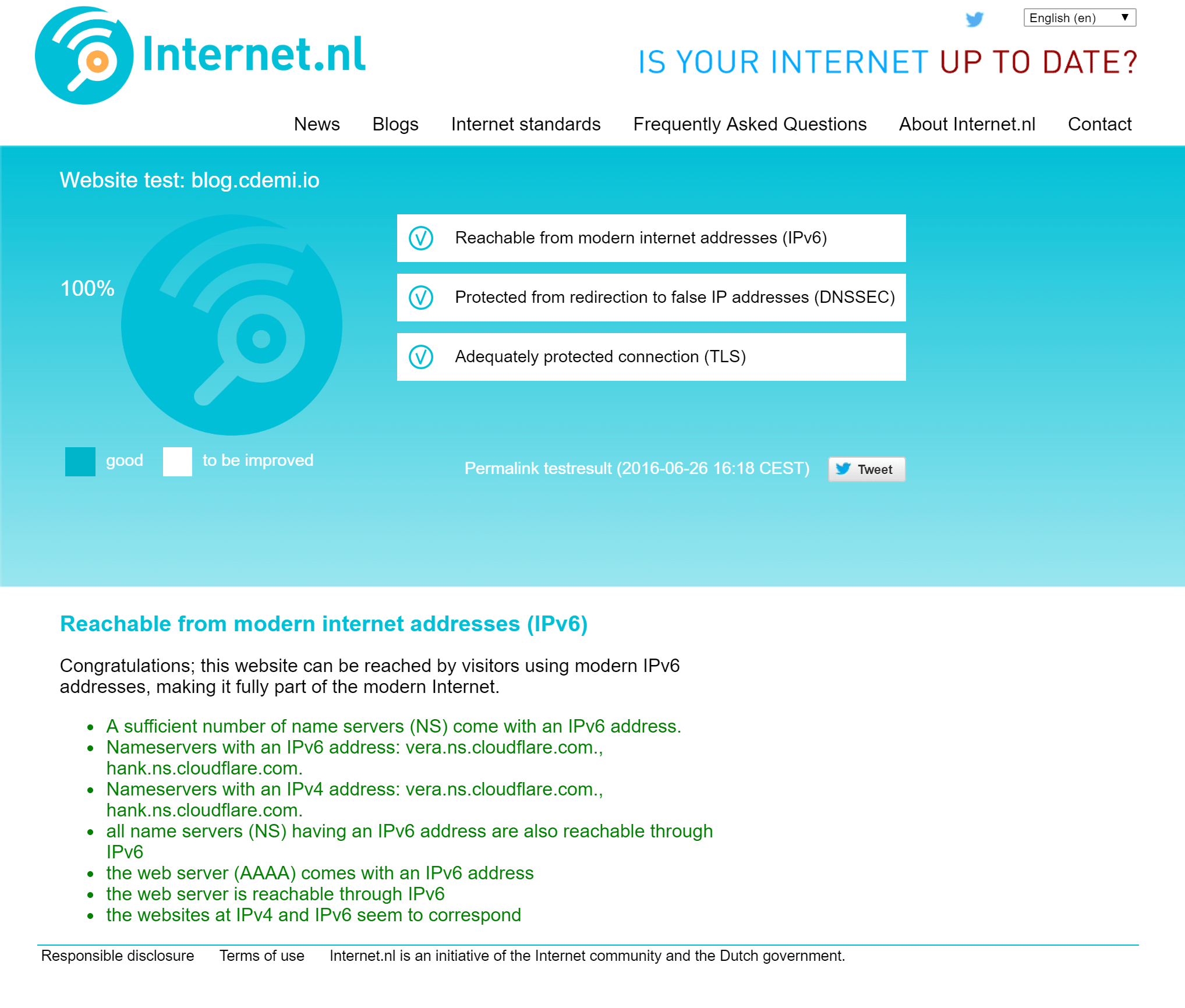 internet.nl result for blog.cdemi.io