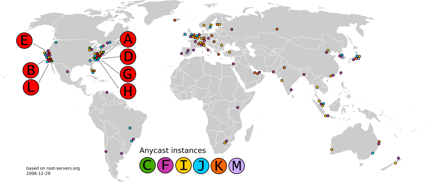 A map of the thirteen logical name servers, including anycasted instances, at the end of 2006.