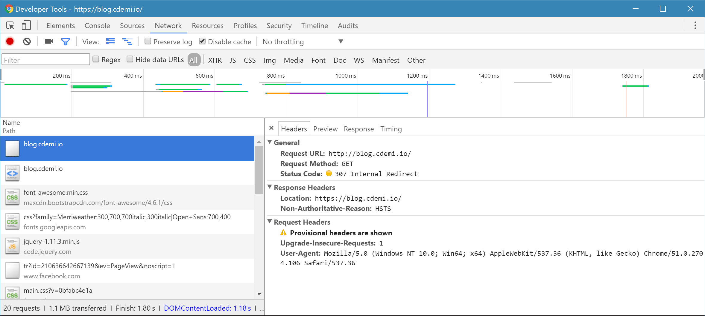 Chrome Developer Tools showing Upgrade of HTTP Request