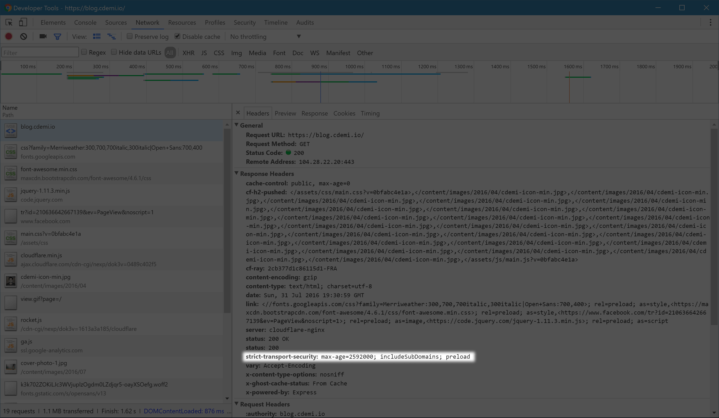 Sample HSTS Response using Chrome Developer Tools