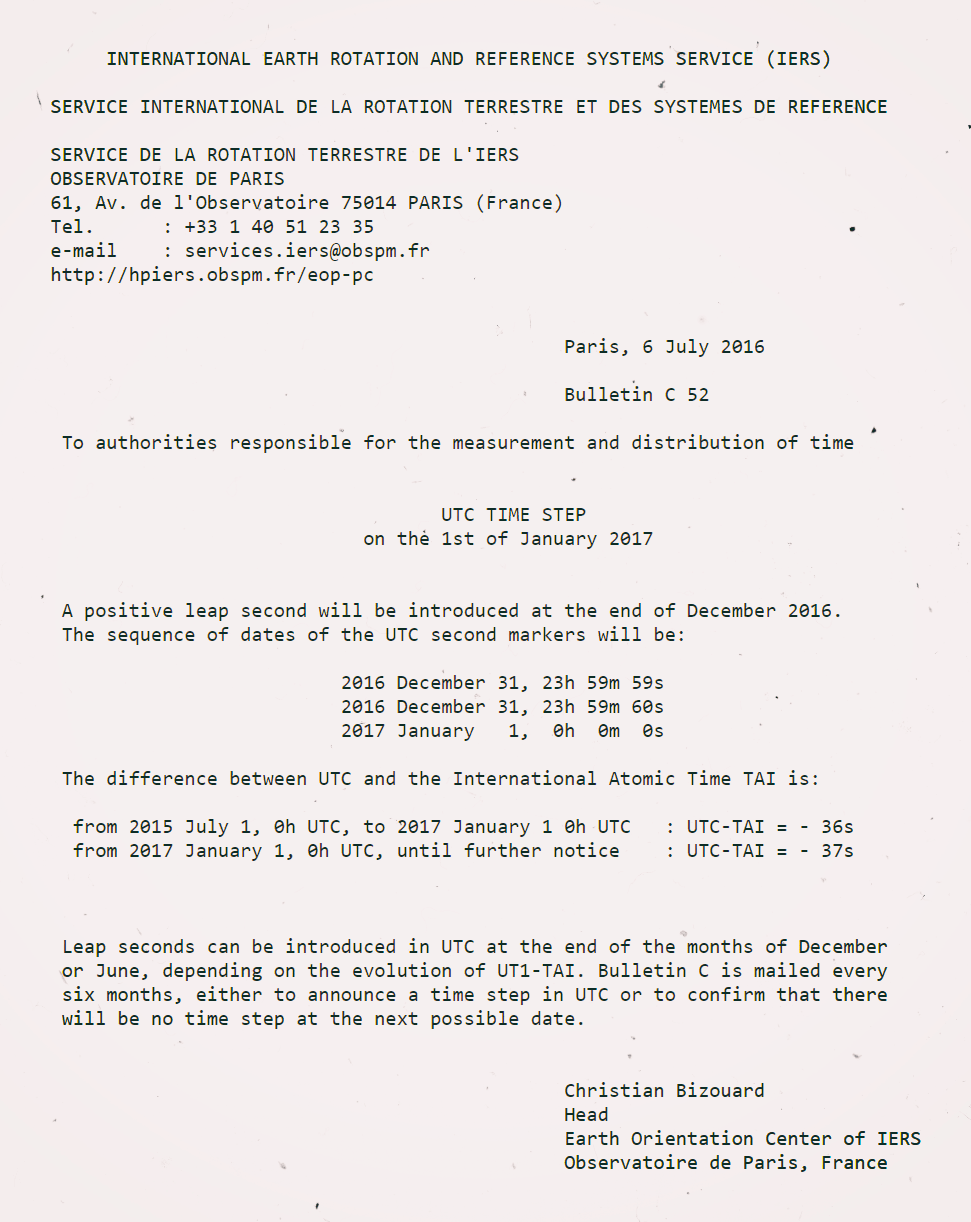 IERS 2016 Leap Second Announcement